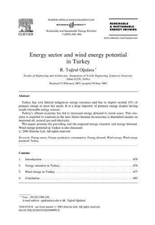 Energy Sector and Wind Energy Potential in Turkey
