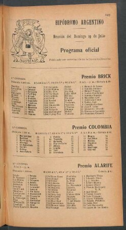 Hipódromo Argentino - Reunión del Domingo 19 de Julio [de 1908] - Programa oficial