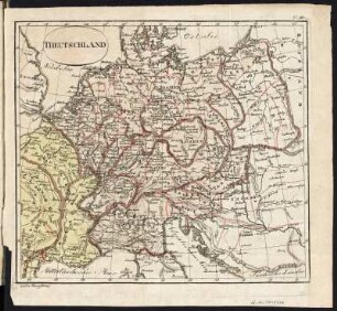 Deutschland, 1:9 000 000, bis 1814 : Theutschland. - [1:9 000 000]. - [S.l. ; s.a.]. - 1 Karte : Kupferstich ; Blattgröße 22 x 24 cm. - Aus: Oken, Lorenz: Neue Bewaffnung, neues Frankreich, neues Theutschland : Überlegungen zu einer neuen Kriegskunst ; Jena : in der Crökerischen Buchhandlung, 1814. - 205 S., 2 Ansichten, 1 Karte, gefaltet