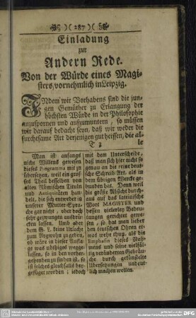 Einladung zur Andern Rede. Von der Würde eines Magisters, vornehmlich in Leipzig