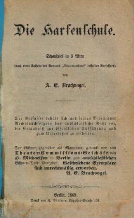Die Harfenschule : Schauspiel in 3 Akten