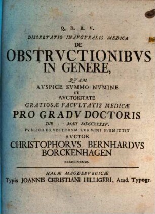 Dissertatio Inavgvralis Medica De Obstrvctionibvs In Genere