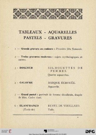 Tableaux - Aquarelles - Pastels - Gravures (Nr. 1-22)