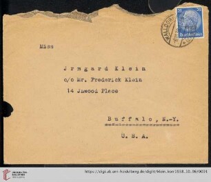 Korrespondenz von Alice und Ludwig Klein: Umschlag von Ludwig Klein an Irmgard Klein