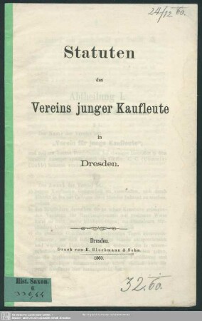 Statuten des Vereins junger Kaufleute in Dresden