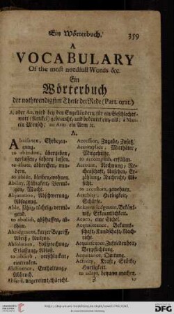 Ein Woerterbuch - A Vocabulary of the most needful Words &c.