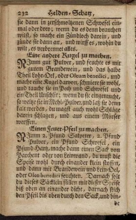 Einen Feuer-Pfeil zu machen. - Folgen fünff Kugeln, auf Wällen, Pulver-Thürnen oder andern Bollwerck zu schiessen und zu werffen.