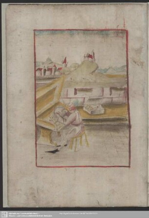 109v: kolorierte Federzeichnung: Steinschneider an seinem Arbeitstisch sitzend