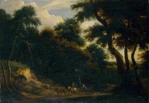 Waldlandschaft mit dreispännigem Reisewagen