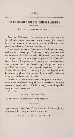 Sur le théorème faure et courbes parallèles.