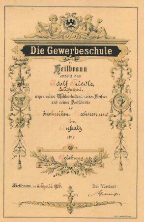 Schmuckblatt der Gewerbeschule Heilbronn für Wohlverhalten, Fleiß und Fortschritt von Schülern