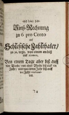 Zinß-Rechnung ... auf Schlesische Zahlthaler/ - [Proportional-Tabellen. /Auff schwere Schock]