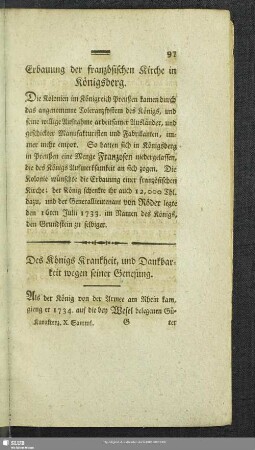 Des Königs Krankheit, und Dankbarkeit wegen seiner Genesung