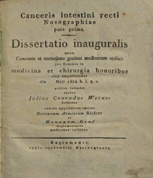 Canceris intestini recti nosographiae pars prima : diss. inaug.