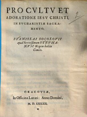 Pro cultu et adoratione Jesu Christi in eucharistiae sacramento ... concio