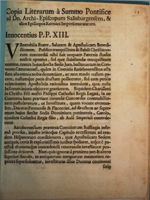 Copia Litterarum à Summo Pontifice ad Dn. Archi-Episcopum Salisburgensem ... exaratarum