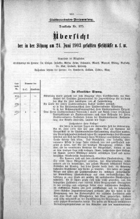 Übersicht der in der Sitzung am 24. Juni 1903 gefaßten Beschlüsse u. s. w., 24. Juni 1903