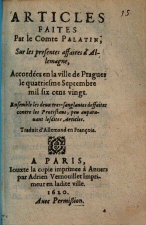 Articles faits par le Comte Palatin sur les présentes affaires d'Allemagne