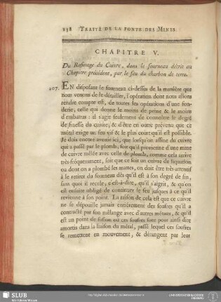 Chapitre V. Du Rafinage du Cuivre, dans le fourneau décrit au Chapitre précédent, par le feu du charbon de terre