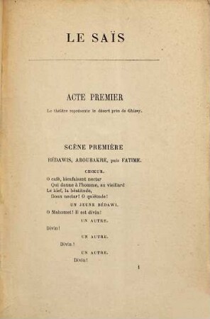 Le Saïs : Conte arabe en 4 actes. Paroles et musique