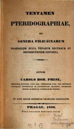 Tentamen Pteridographiae seu genera Filicacearum : praesertim juxta venarum decursum et distributionem exposita