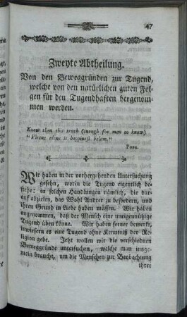 Zweyte Abtheilung. Von den Beweggründen zur Tugend, welche von den natürlichen guten Folgen für den Tugendhaften hergenommen werden.