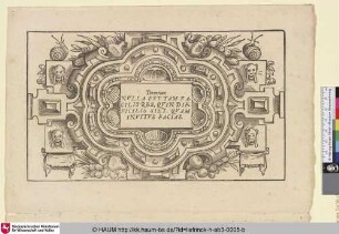 [Kartusche mit Muschelwerk Zitat von Terentius; Cartouche met een citaat van Terentius, omgeven door zes schelpen en profiellijsten]