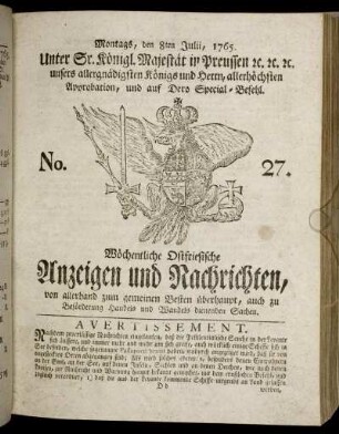 No. 27. Montags, den 8ten Julii, 1765.