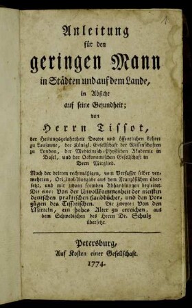 Anleitung für den geringen Mann in Städten und auf dem Lande, in Absicht auf seine Gesundheit