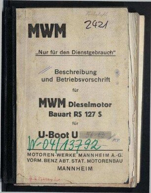 Beschreibung und Betriebsvorschrift MWM Dieselmotor Bauart RS 127 S für U-Boote