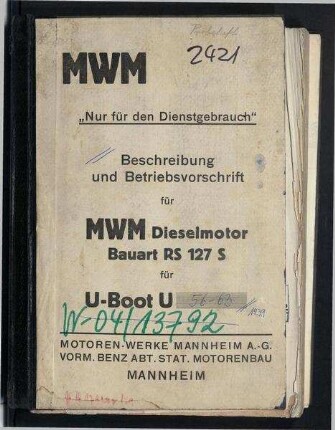Beschreibung und Betriebsvorschrift MWM Dieselmotor Bauart RS 127 S für U-Boote