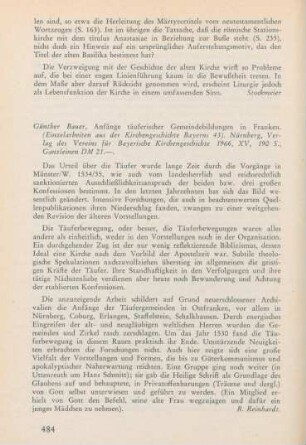 484 [Rezension] Bauer, Günther, Anfänge täuferischer Gemeindebildungen in Franken