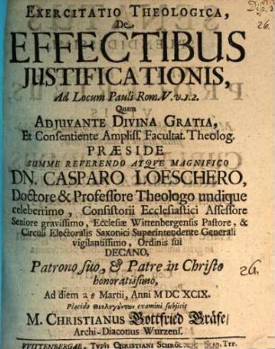 Exercitatio theol. de effectibus iustificationis, ad locum Pauli Rom. V, 12.