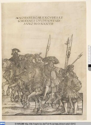 Der Triumphzug Kaiser Karls V., Bl. 4, Vier Reiter und zwei Landsknechte