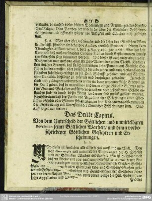 Das Dritte Capitul. Von dem Unterschied der Göttlichen und unmittelbaren Revelation seiner Göttlichen Warheit, und denen vorbeschriebenen Göttlichen Gesichtern und Erscheinungen