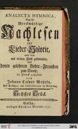 Band 1,6: Analecta Hymnica: Das ist: Merckwürdige Nachlesen zur Lieder-Historie