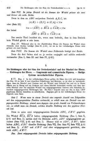 9. Die Richtungen oder der Sinn der Dreieckswinkel und der Büschel in der Ebene. - Richtungen der Ebene. - Congruente und symmetrische Figuren. - Stetige Systeme unveränderlicher Figuren.