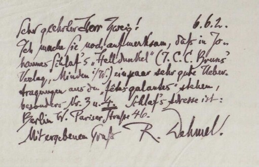 Brief an Stefan Zweig