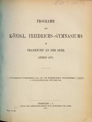 Programm des Königlichen Friedrichs-Gymnasiums zu Frankfurt an der Oder, 1878/79