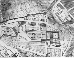 La nuova topografia di RomaTafel 4 (Mitte Nordwest) - Alla Santità Di Nostro Signore Papa Benedetto XIV La Nuova Topografia Di Roma Ossequiosamente Offerisce e Dedica l'Umilissimo Servo Giambattista Nolli Comasco / Nuova pianta di Roma. Data in luce da Giambattista Nolli. (Pianta grande in 12 Blättern) / Topografia di RomaGianicolo, Tiber (Trastevere und Umland im Westen)