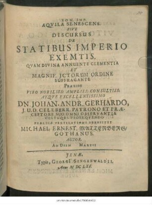 Rom. Imp. Aquila Senescens. Sive Discursus De Statibus Imperio Exemtis