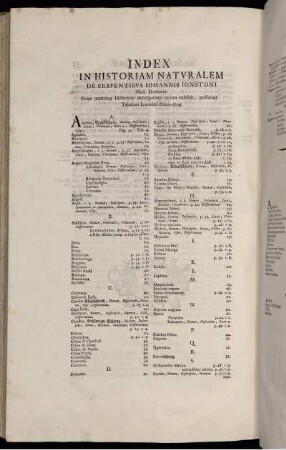 Index In Historiam Naturalem De Serpentibus Iohannis Ionstoni.