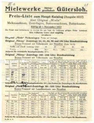 Preisliste zum Hauptkatalog über Melkmaschinen, Zentrifugen, Buttermaschinen und Butterkneter