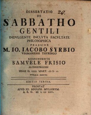 Diss. ... de sabbatho gentili