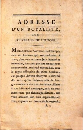 Adresse d'un royaliste aux souverains de l'Europe