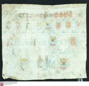 Ahnenprobe des Anton Albert v. Freyberg. - ausgefertigt 1736 April 24, in Stift Ellwangen, Pergament, Wappen schwer leserlich