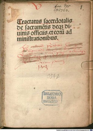 Tractatus sacerdotalis de sacrame[n]tis deq[ue] diuinis officiis. et eoru[m] administrationibus