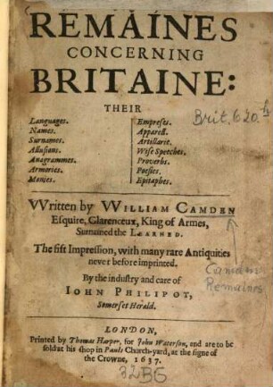 Remaines concerning Britaine: Their Languages, Names, Surnames ...