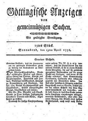 15tes Stück. Sonnabend, den 13ten April 1776.