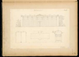 Palmenhaus Monatskonkurrenz November 1853: Grundriss Erdgeschoss, Aufriss Vorderansicht, Teillängsschnitt, Teilquerschnitt des Treppenanbaus; 2 Maßstabsleisten